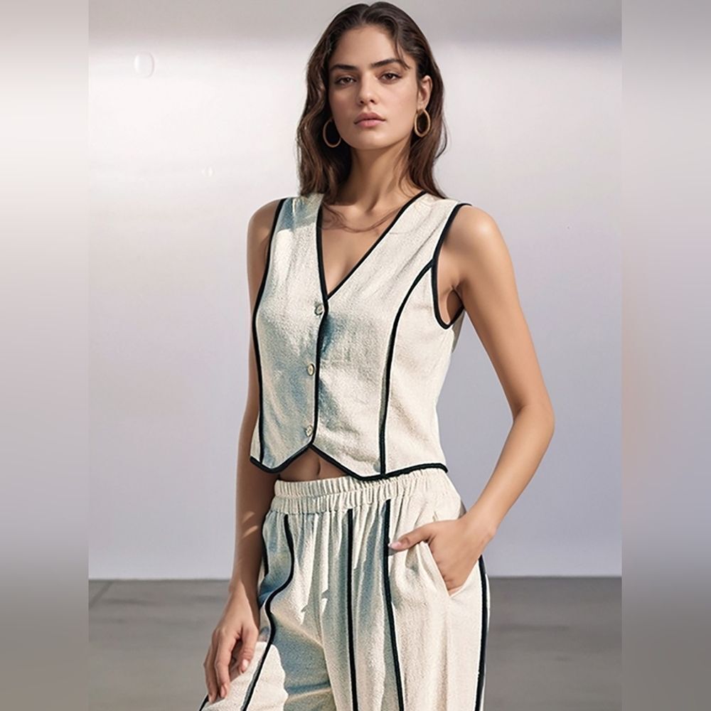 Womens Casual Linen Blend V-Neck Crop Top & Wide-Leg Pants Set Cream Black Trim - Picture 3 of 6